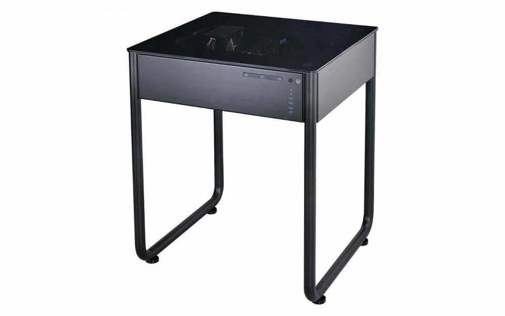 Lian-li DK-Q1H computer desk ( 650mm wide / 805-835mm height ) - tempered glass desktop + aluminm , no psu , support 240mm radiator / 150mm high cpu cooler / 390mm long vga card , tool-free pci slots design ; 4x usb 3.0 + audio in/out - 1x slim 5.25"(or 2.5" hdd) , 2/6 x 2.5" , 4/0x 3.5" internal - 5x 120mm fan with filter + speed controller - ATX