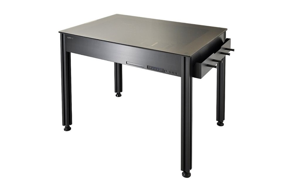 Lian-li DK-Q2 computer desk ( 1000mm wide / 785-815mm height ) - tempered glass desktop + aluminm , with PW-PCi-E38 PCi-E16x riser cable ( to install VGA card horiziontally ) , no psu , support 120x480x60mm radiator / 90mm high cpu cooler / 440mm long vga card , tool-free pci slots design ; 4x usb 3.0 + audio in/out - 1x slim 5.25"(or 2.5" hdd) , 7x 2.5"/3.5" internal - 8x 120mm fan with filter upto 12 + speed controller - ATX