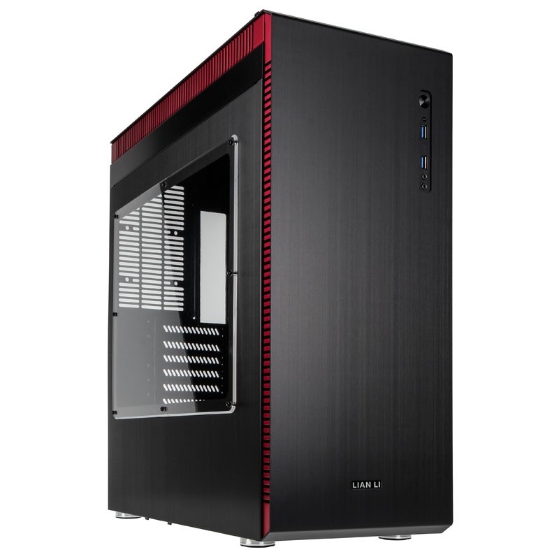 Lian-li pc-J60 , midi tower , Windowed + all Black + Red highlight , No psu ( bottom placed design - with psu bracket - 180 reversable ) , support dual radiator ( 120x360 + 120x240mm ) / 160mm high cpu cooler / 410mm long vga card , dual chamber design with cover , removable front+top panel , made in Taiwan , hairline brush anodized aluminum ; 2x usb3.0 + audio in/out , 5x 3.5" hidden ( tool-free anti-vibration removable - side accessed ) , 1x 2.5" - 1x140mm + 2x120mm fan with washable filter upto 6 - atx