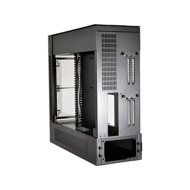 Lian-li PC-o12WX all black - dual vertical graphics cards mount ready , 2x tempered glass panels ( side + front ) , dual chamber design for heat separation , 550x203x508mm compact size , all black , No psu ( support optional ATX psu ) , support upto 360mm radiator / 150mm high cpu cooler / 430mm long vga card , made in Taiwan , hairline brush anodized aluminum , 1x usb3.1 type-C + 2x usb3.0 + audio in/out - 4x 2.5" , 4x 3.5" hidden - upto 5x120mm fan with filters - E-ATX