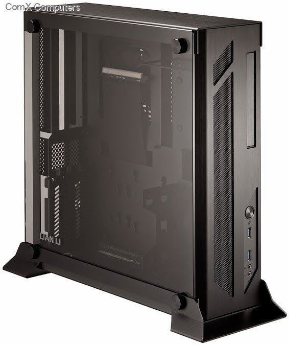 Lian-li PC-o5X wall-mountable open to air case with full-sized tempered glass side panel , 390x384x148mm slim , all black , No psu ( SFX psu required ) , support 85mm high cpu cooler / 190mm long vga card ( support SLi via optional PW-PCI-E38 riser cable ) , made in Taiwan , hairline brush anodized aluminum , 2x front usb3.0 + audio in/out - 1x slim 5.25", 1/6 x 2.5" , 2/5 x 3.5" hidden ( 3x storage in anti-vibration removable drive cage ) - 1x 140mm fan - mini-itx