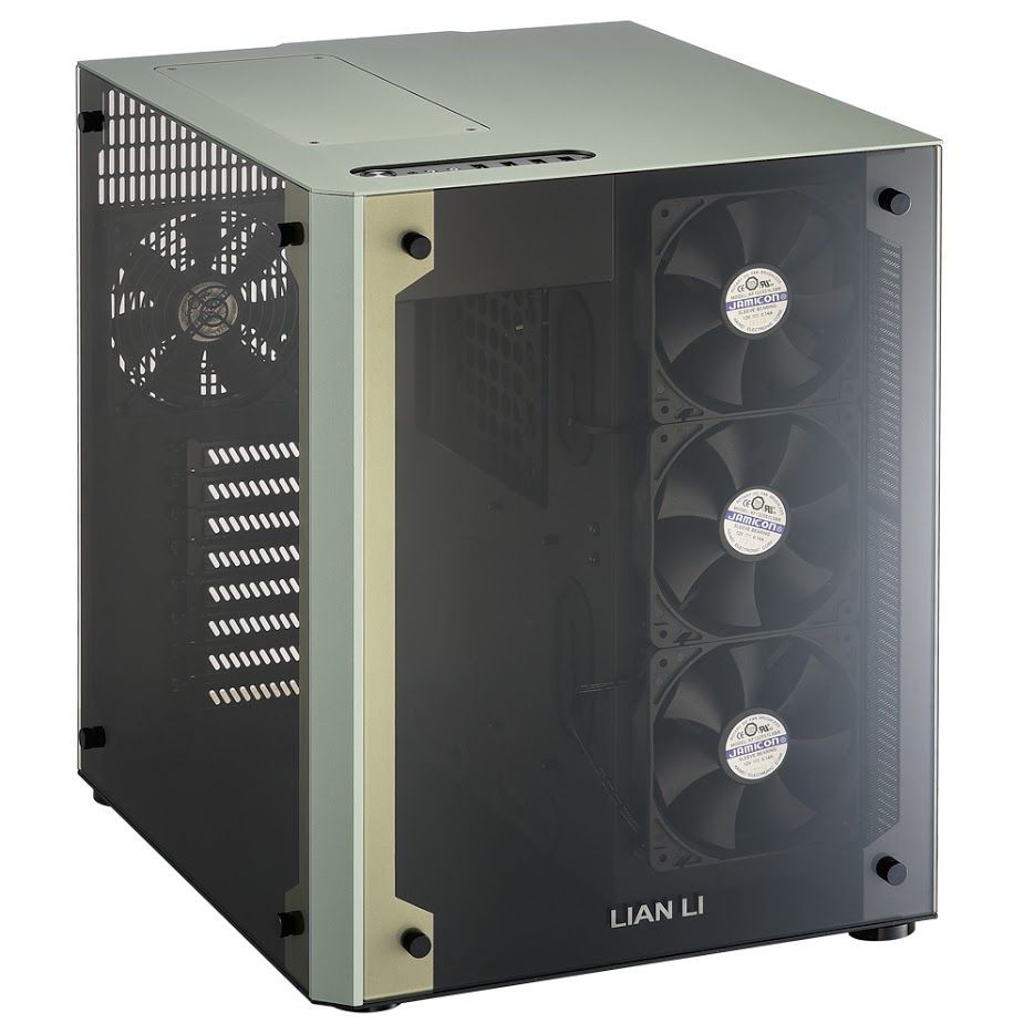 Lian-li PC-o8W GreeN+balck - 2x full-sized tempered glass panels ( side + front ) , 3x dedicated zone for heat separation , with built-in LED50RGB-2 LED RGB color changing kit , 428x404x341mm , all black , No psu , support dual radiator ( 120x240x54+120x360x70mm ) / 170mm high cpu cooler / 370mm long vga card , made in Taiwan , hairline brush anodized aluminum , 4x front usb3.0 + audio in/out - 2x 2.5" , 6x 3.5" hidden ( in anti-vibration removable drive cage ) - 6x 120mm fan with filters upto 8 - E-ATX