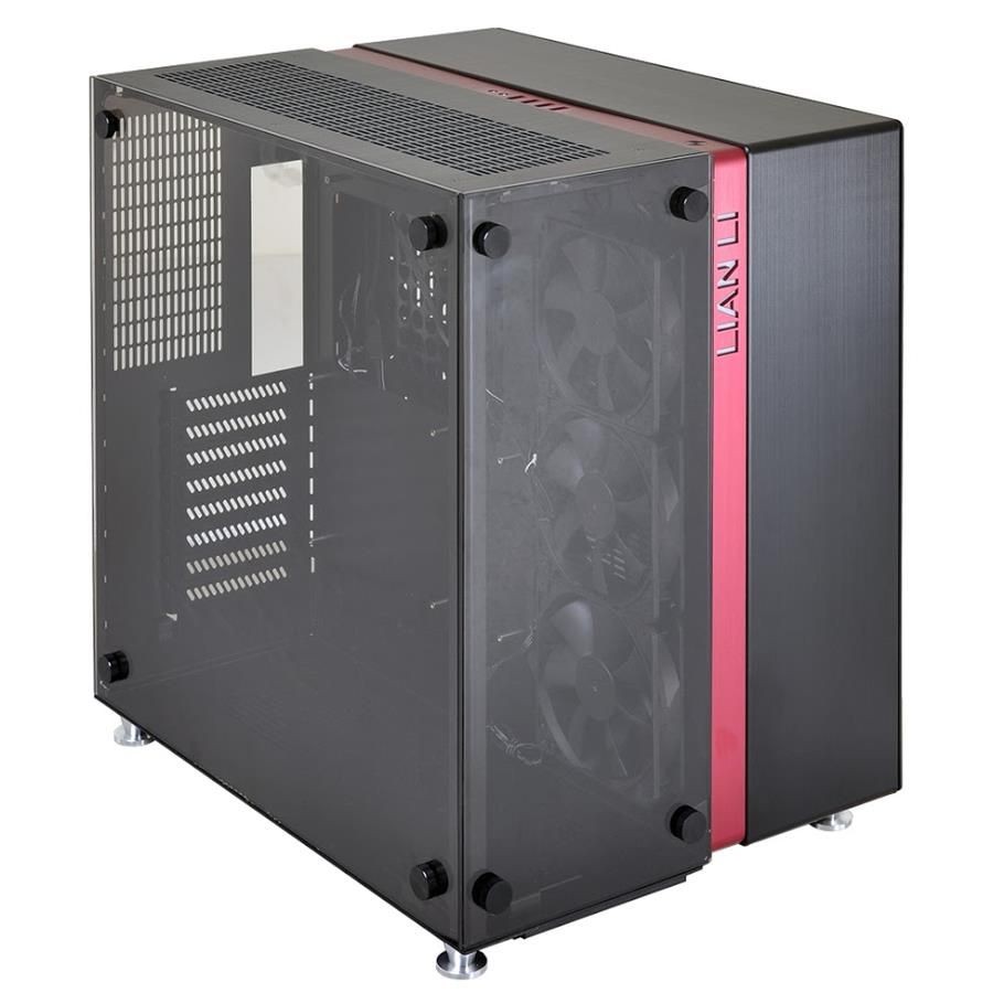 Lian-li PC-o9WRX all black+red highlight - 2x tempered glass panels ( side + front ) , 3x dedicated zone for heat separation , with built-in LED50RGB-2 LED RGB color changing kit , 428x404x341mm , all black , No psu , support dual radiator ( 120x360mm ) / 160mm high cpu cooler / 420mm long vga card , made in Taiwan , hairline brush anodized aluminum , 4x front usb3.0 + audio in/out - 2x 2.5" , 6x 3.5" hidden ( in anti-vibration removable drive cage ) - 5x 120mm fan with filters upto 11 - E-ATX