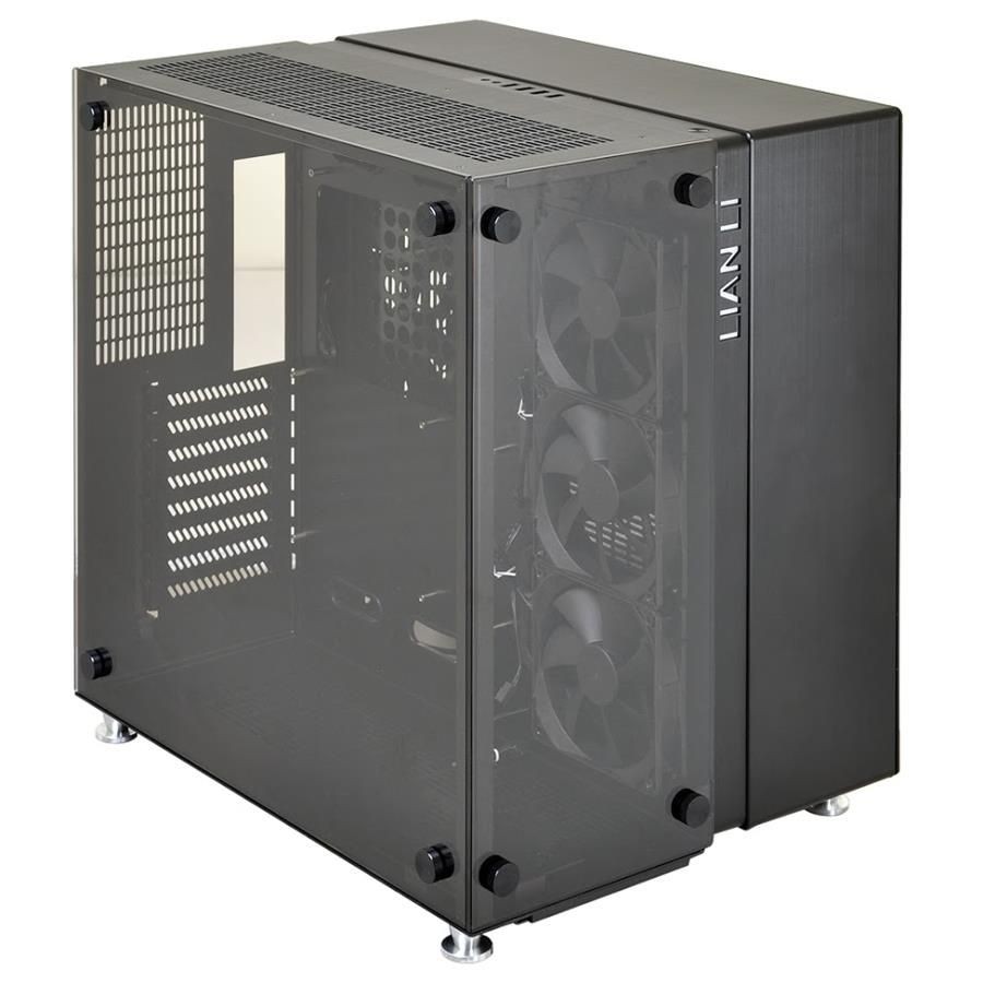 Lian-li PC-o9WX all black - 2x tempered glass panels ( side + front ) , 3x dedicated zone for heat separation , with built-in LED50RGB-2 LED RGB color changing kit , 428x404x341mm , all black , No psu , support dual radiator ( 120x360mm ) / 160mm high cpu cooler / 420mm long vga card , made in Taiwan , hairline brush anodized aluminum , 4x front usb3.0 + audio in/out - 2x 2.5" , 6x 3.5" hidden ( in anti-vibration removable drive cage ) - 5x 120mm fan with filters upto 11 - E-ATX