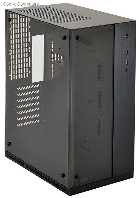 Lian-li PC-Q37WX all black - 2x tempered glass panels ( side + front ) , dual chamber desihgn for dedicated heat separation , 237x345x346mm compact size , all black , No psu ( use optional SFX psu ) , support upto 120x240mm radiator / 130mm high cpu cooler / 320mm long vga card , made in Taiwan , hairline brush anodized aluminum , 2x front usb3.0 + audio in/out - 2x 2.5" , 2x 3.5" hidden - upto 2x80mm + 4x120mm fan , 2x expansion slots - only for mini-itx / mini-DTX