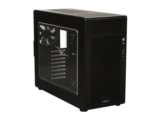 Lian-li pc-V700WX , with Windowed side panel , all Black with black interior , No psu ( front + bottom placed design ) , mini-tower ( 400x210x496mm ) for ATX , with support for 440mm very long cards , tool-less side panel , made in Taiwan , hairline brush anodized aluminum , 1x e-SATA + 2 x front usb 3.0 + 1x usb2.0 + audio in/out - tool-free 1x 5.25" with aluminum ODD bezel , 6x 3.5" ( 4x side-accessed with hotswap backplane kit ) + 2x 2.5" side-accessed internal - 3x120mm + 1x 140mm fan , tool-less PCI card holder - atx