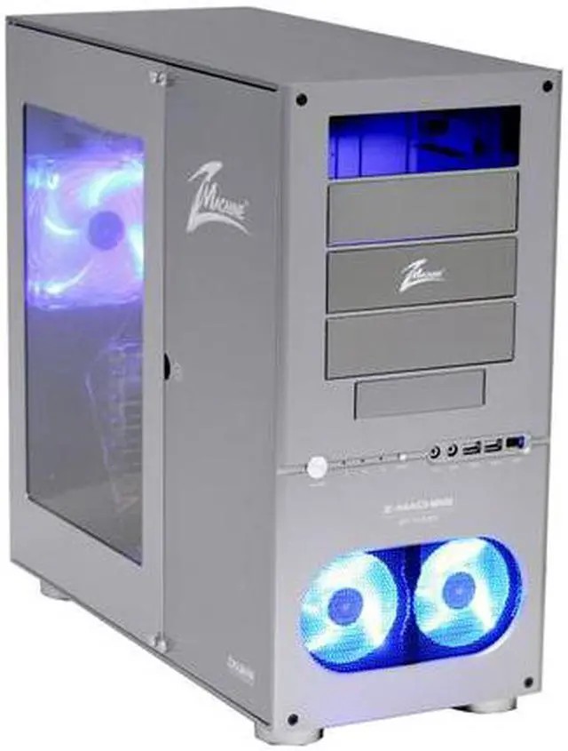 Zalman GT1000 Titanium gaming chassis , No psu , with windowed side panel ( screwless ) , 4-5mm anodized aluminum , 2 front usb + ieee1394 + audio in/out ; 4x 5.25", 1x 3.5", 6x internal 3.5" ( tool free ) ; blue LED accented power + reset buttons , 2 x 92mm + 1 x 120mm fan with blue led - for atx