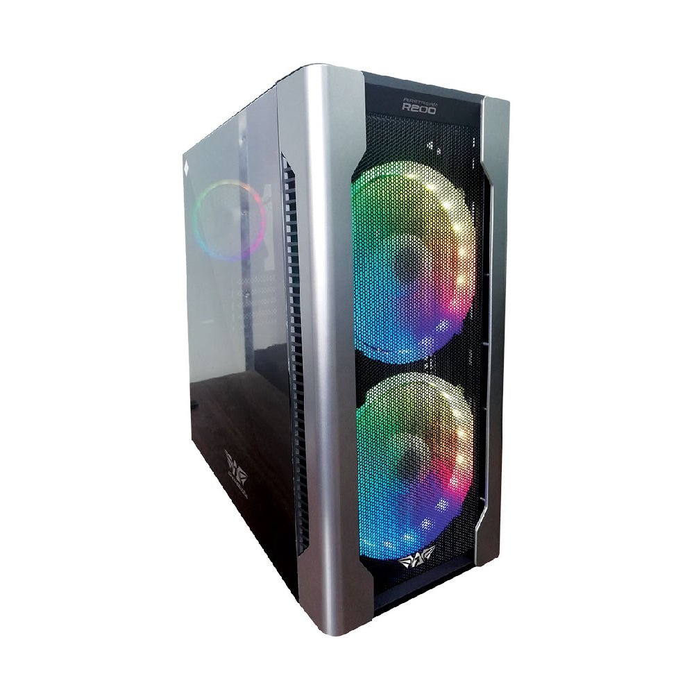 Armaggeddon AirStream R200 Gaming Case E-ATX, ATX and m-ATX Gaming Casing, See-Thru Side Panel Design to View Interior, New Cooling Airstream and Internal Fans Design, Support Liquid Cooling System, Stealth Cable Management System, Support SSD Integration, Accommodates up to 370MM Length Graphics Cards, Accommodates to to 200mm Length PSU, Chassis Support up to 6 x 140mm Fans, Fully Black Coated Interior Gaming Chassis, Bottom Mount ATX PSU Design, Strong and Shock Resistance Base Stand Design Specifications: SPCC 1.0mm Fully Black Steel Structure, 1 x USB3.0 high Speed, 2 x USB2.0 Ports, 1 x HD Audio Port, 1 x Microphone Port, 4 x 2.5" SSD Internal Drive Bay, 3 x 3.5" HDD Drive Bay, 7 x PCI Slots 2 x 20cm Armaggeddon AURA RGB Loop Fans Included for Chassis Front Air Intake Chassis Supports up to 6 x 140mm or 6 x 120mm Fans: Front Intake Support 2 x 200mm Fans / 3 x 140mm / 3 x 120mm Fans, Top Support 2 x 140mm or 2 x 120mm fans, Rear Support 1 x 140mm or 1 x 120mm exhaust fan (Fan not included)