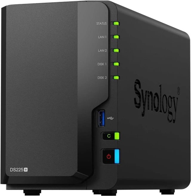 Synology DS225+ 2 Bay Desktop NAS Intel Celeron J4125 4C 2GB soldered DDR4 non-ECC (one open RAM slot; max 6GB RAM)