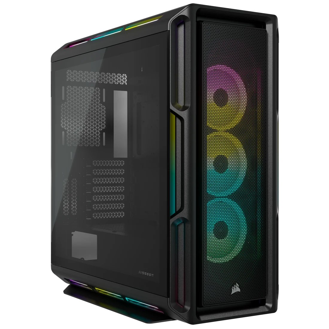 Corsair CC-9011230-WW obsidian series 5000T Rgb Black , 208x RGB LEDs ( 160+48 ) , with hinged tempered glass side panel , removable front+top meshed panels- support 2x vertical VGA mounting via optional riser cable kits , RapidRoute cable management - support 4x radiators ( 120/240/280/360mm ) , No psu ( bottom placed psu design ) , support upto 400mm graphics card ; 1x usb3.1 type-C + 4x usb 3.0 + audio in/out - 2x3.5" hidden , 4x 2.5" - Commander CORE XT fan control hub + 3x LL120 RGB fans ( 16x RGB LEDs per fan in 2 separate light loops ) upto 10 , 4x dust filters ( front/top/psu/side ) - E-ATX