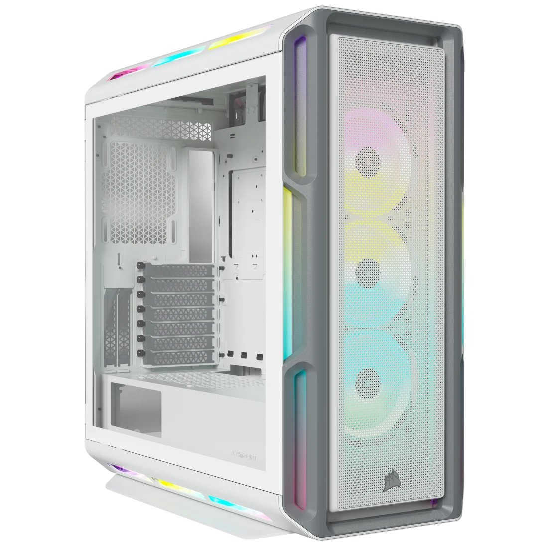 Corsair CC-9011231-WW obsidian series 5000T Rgb White+grey , 208x RGB LEDs ( 160+48 ) , with hinged tempered glass side panel , removable front+top meshed panels- support 2x vertical VGA mounting via optional riser cable kits , RapidRoute cable management - support 4x radiators ( 120/240/280/360mm ) , No psu ( bottom placed psu design ) , support upto 400mm graphics card ; 1x usb3.1 type-C + 4x usb 3.0 + audio in/out - 2x3.5" hidden , 4x 2.5" - Commander CORE XT fan control hub + 3x LL120 RGB fans ( 16x RGB LEDs per fan in 2 separate light loops ) upto 10 , 4x dust filters ( front/top/psu/side ) - E-ATX