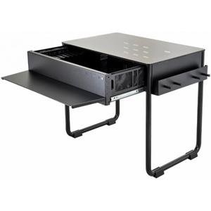 Lian-li DK-01 computer desk ( 900mm wide ) - tempered glass desktop + aluminm , no psu , support 360mm radiator / 175mm high cpu cooler / 400mm long vga card , tool-free pci slots design ; 4x usb 3.0 + audio in/out - 1x slim 5.25"(or 2.5" hdd) , 10x 3.5" internal , with keyboard tray - 7x 120mm fan with filter - E-ATX