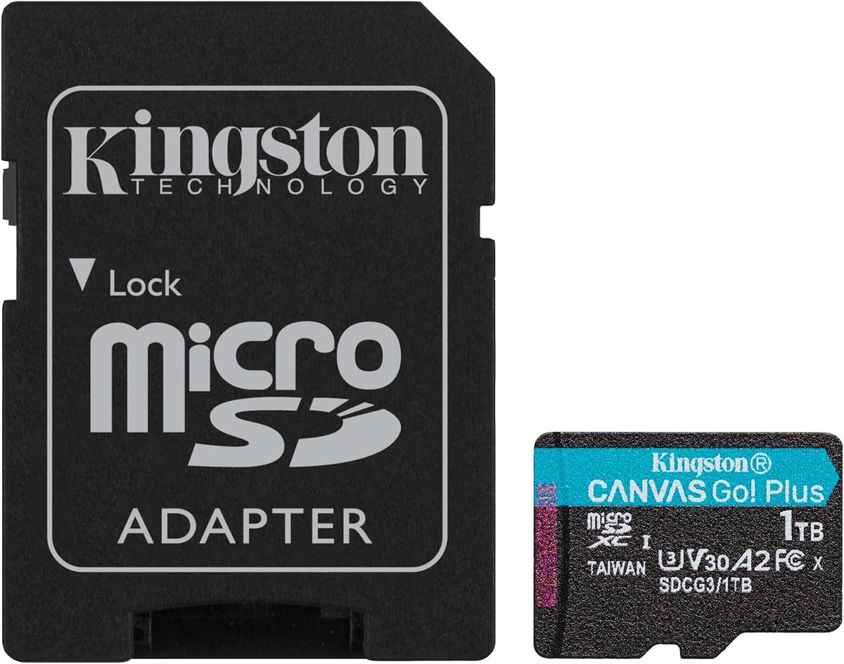 Kingston SDCG3/1TB miCroSDXC Canvas Go plus designed for HD+Hi-Res filming , with water/ temperature/ shock/ vibration/ X-ray proof ( Secure Digital eXtended Capacity , 15x11x1mm ) with SDXC adapter , not compatible with SDHC ONLY camera/reader , UHS-i U3 V30 A2 , with CPRM , read/write : 170/90mb/sec -lifetime warranty , retail pack