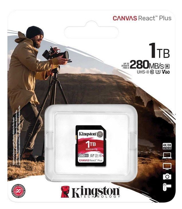 Kingston SDR2V6/1TB Canvas React Plus SDXC , 24x32x2.1mm , UHS-ii U3 V60 , not compatible with SDHC ONLY device/reader , read/write : 280/150mb/sec - lifetime warranty , retail pack