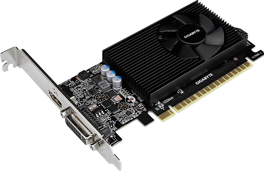 GIGABYTE Graphics nVidia GeForce® GT 710 2GB GDDR3 64Bit . 1x Dual-Link DVI-D; 1x HDMI; 1x VGA; Low Profile