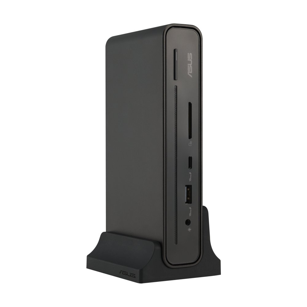 ASUS Triple Display USB-C Dock Duo DC301 Three external screens can be connected via HDMI® and 2 DisplayPort™, two USB 3.2 Gen 1 Type-A ports support a keyboard and mouse and there’s a USB-C® port, a USB Type-A port, an RJ45 network port, an audio ja