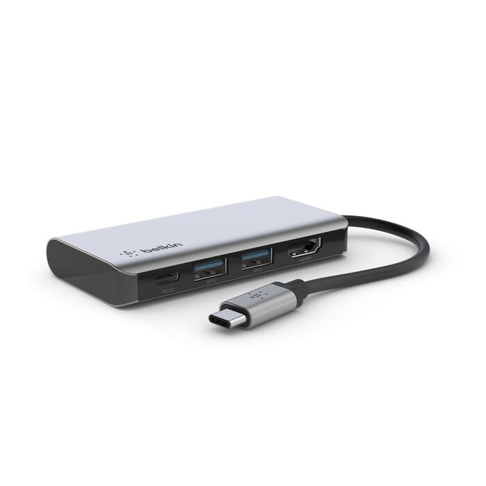 Belkin - USB-C Mobile Dock Multiport Adapter 4 in 1 2 x USB A 3.0 (5Gpbs), 1 x HDMI 4K 1 x USB C 100 Watt Power Delivery - Silver