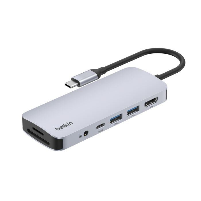 Belkin - 7 in 1 USB-C Mobile Dock - 1x HDMI, 2xUSB Type-A, SD/Micro SD card reader, 3.5 mm, Power Delivery 100 Watt - Silver