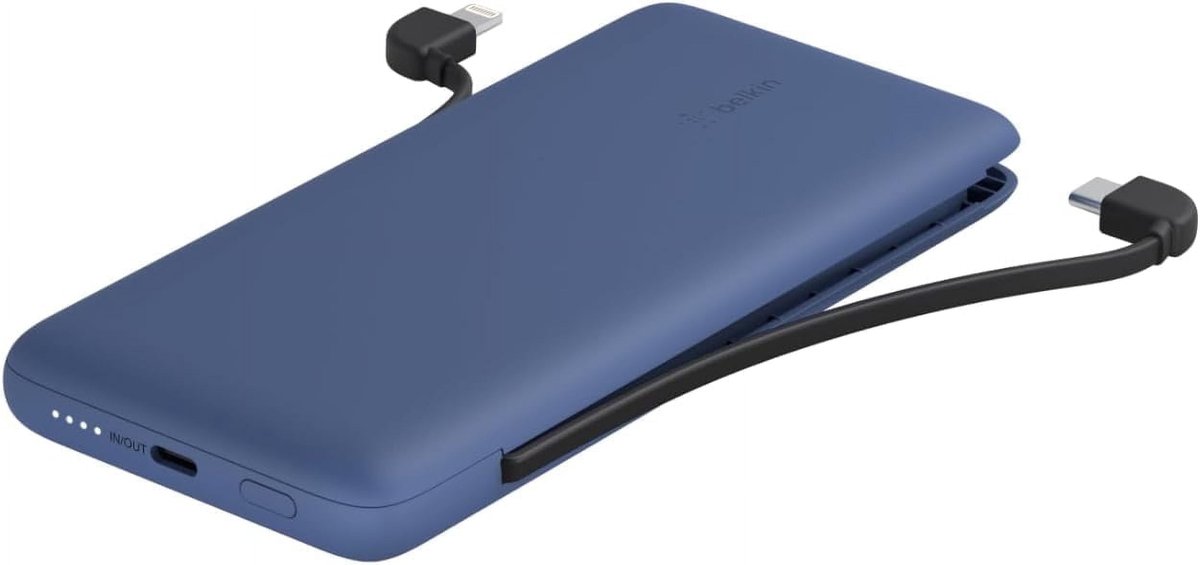 Belkin - BoostCharge Plus 10K Power Bank USB-C 18 Watt with 2 Integrated cables - USB-C & Lightning - Blue