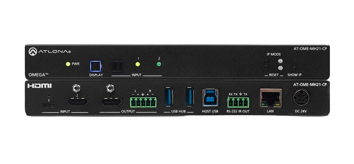 Atlona Omega 4K/UHD meeting hub, USB-C and HDMI inputs and HDMI output, USB-C Charging