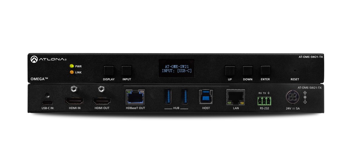 Atlona Omega 4K/UHD switching transmitter, USB-C and HDMI inputs, mirrored HDBaseT and HDMI output, USB over HDBaseT
