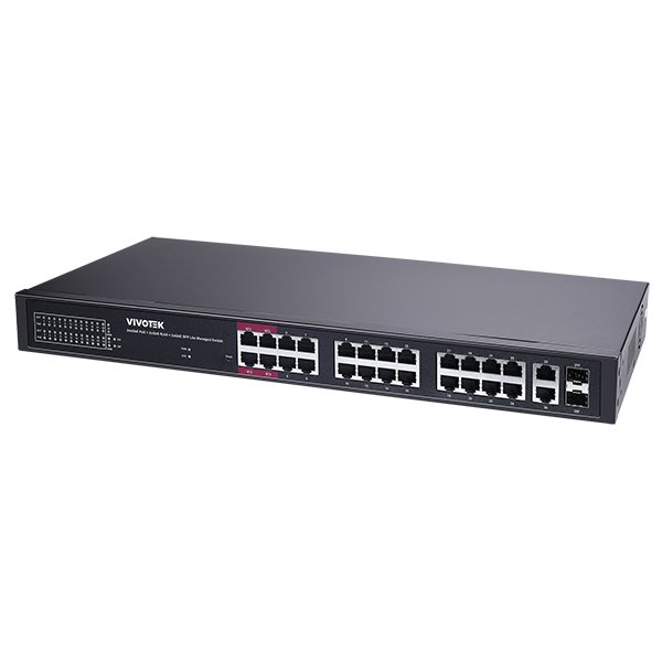 VIVOTEK 24xGE PoE + 2xGE UTP + 2xGE SFP lite managed PoE switch; VLAN; STP; POE Port Cycling