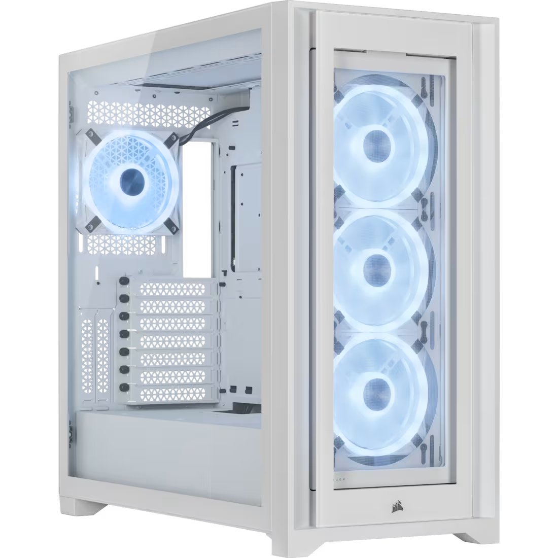 Corsair CC-9011233-WW obsidian series 5000X Rgb Ql edition - all White , with 4x tool-free Tempered glasses - support 2x vertical VGA mounting via optional riser cable kits , RapidRoute cable management + easy-access hinged door - support 4x radiators ( 120/240/280/360mm ) , No psu ( bottom placed psu design ) , support upto 420mm graphics card ; 1x usb3.1 type-C + 2x usb 3.0 + audio in/out - 2x3.5" hidden , 4x 2.5" - Node CORE fan control hub + 4x QL120 RGB fans ( 34x Leds per fan ) upto 10 , 4x dust filters ( front/top/psu/side ) - E-ATX