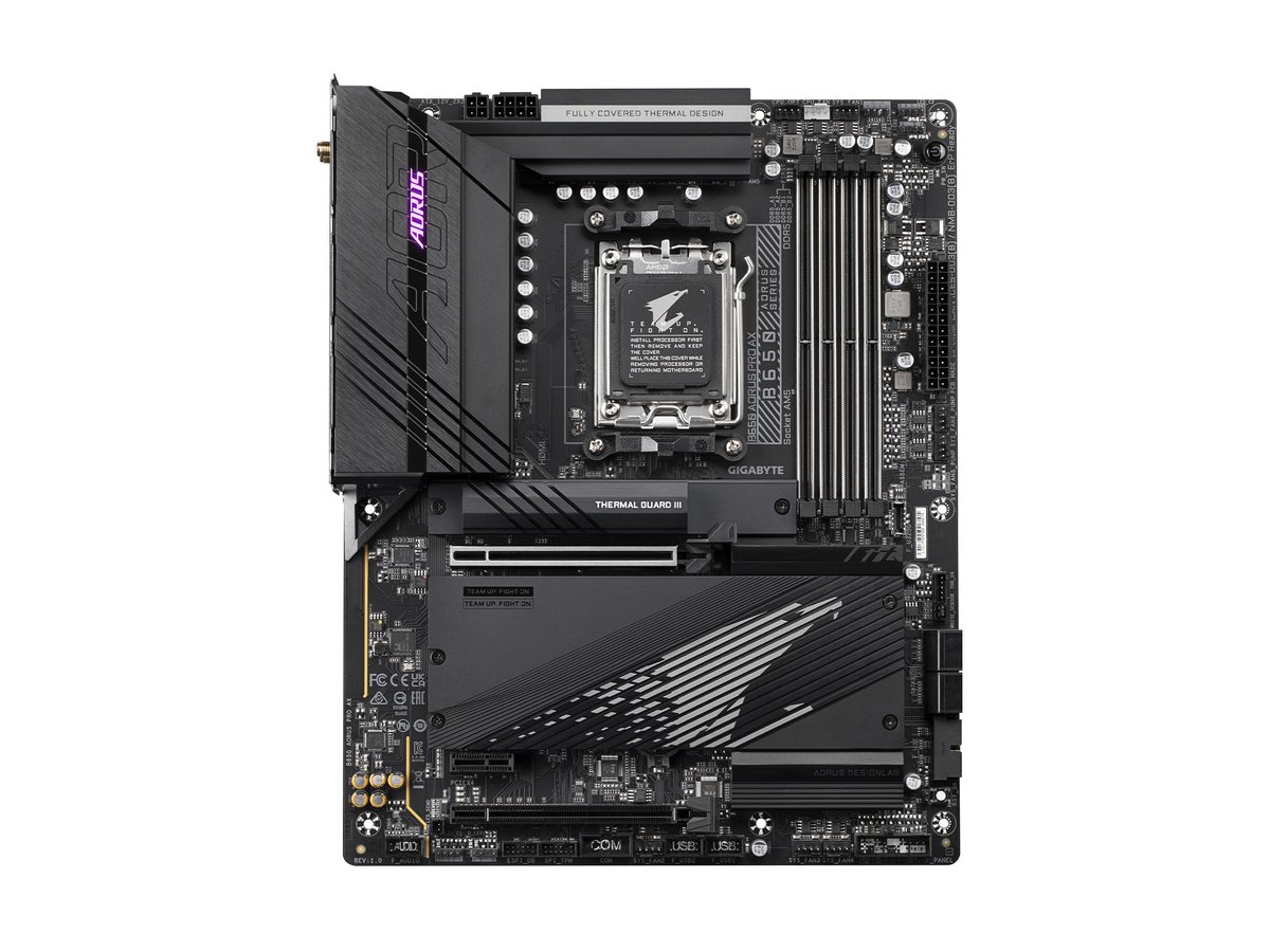 Gigabyte B650 Aorus Pro ax + Wifi : AMD AM5 mb - with 16+2+1 phase digital VRM , aluminum i/o cover with 8mm heatpipe , Addressable LED Strip Support , on-board multi-key buttons , 2x copper PCBs design , with extra noise detection hardware monitoring , MoSFET heatsinks SmartFan6 with 9x temperature sensors + 8x hybrid fan headers , solid pin power connectors ( ATX 24+8+4pin ) , PCIe armor with stainless steel shielding+double locking bracket , with thunderbolt card connector- AMD B650 chipset , 4x dual channel DDR5-6600(O.C)/5200 upto 128Gb , 4x SATA6G + 3x M.2/NGFF ( 1x Gen5x4 + 2x Gen4x4 ) with thermal guard with raid 0/1//0+1/5/10 , on-board display with HDMi output ( depends on CPU ) + Realtek ALC1220-VB 7.1 audio ( optical s/pdif out ) + intel i255 2.5Gb lan , AMD Wi-Fi 6E RZ616 2.4/5/6G tri band WiFi + bluetooth ; 1x PCi-E3.0 1x + 1x pci-e 4.0 (x16@4x) + 1x pci-e 4.0 (x16@16x) for Quad-GPU CrossfireX ( no SLi ), with 1x USB3 type-C ( Gen2 10GBPs ) + 3x USB3 type-A ( Gen2 10GBPs ) + 4x USB3 type-A ( Gen1 5GBPs ) + 4x USB2.0 , support optional serial port add-on cable , bundled norton internet security - atx