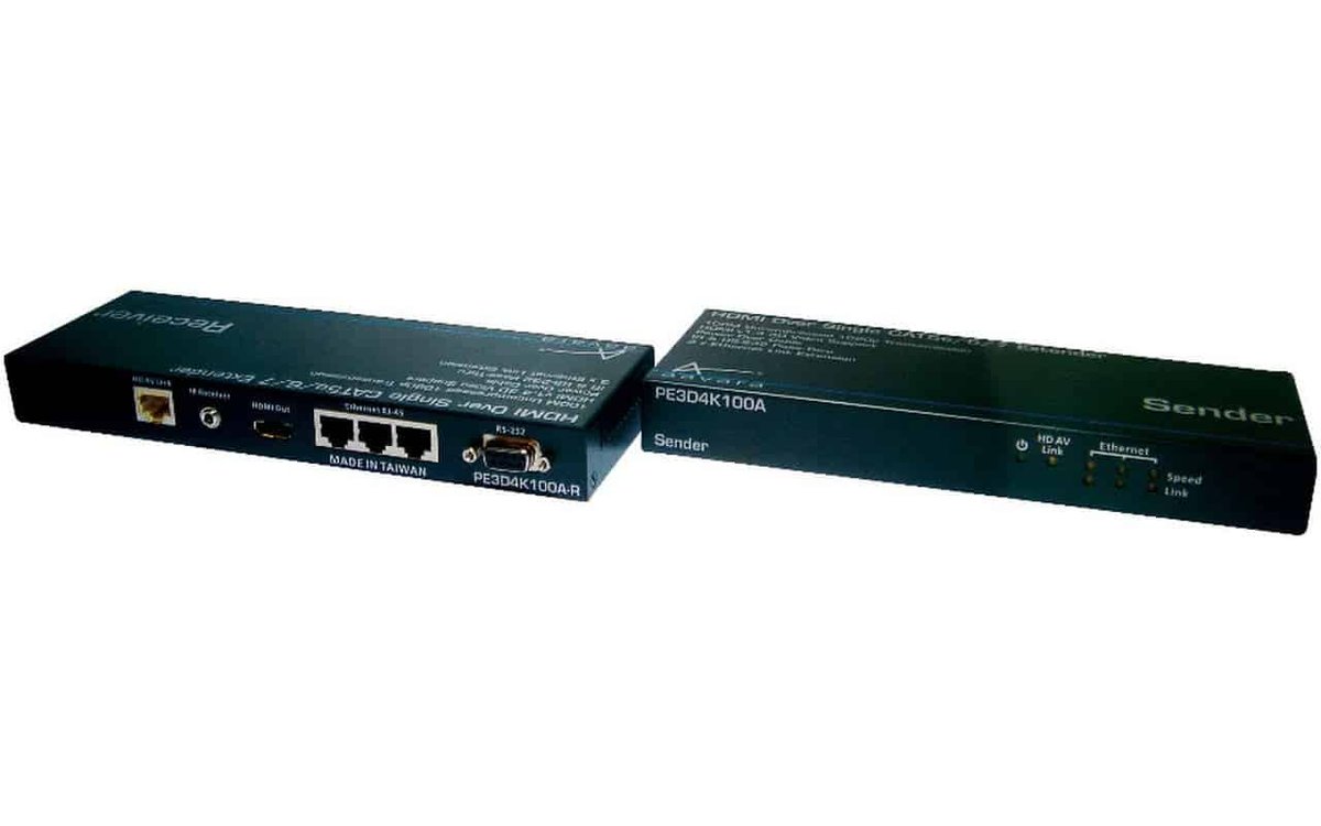 Aavara PE3D4K100A - sender + receiver - 1080p + internet broadcaster/extender with POE support ( no ac-adapter required on receiver ) , 2-way RS232 / IR ( Infrad Remote ) pass-through supprt - 1x Hdmi-in/out + 3x UTP in/out , RS232 in/out ; 7.1Ch audio + HDMi v1.4 3D over UTP (CAT5e/6/7 ) upto 100m , co-exist with existing local area network with WiFi support