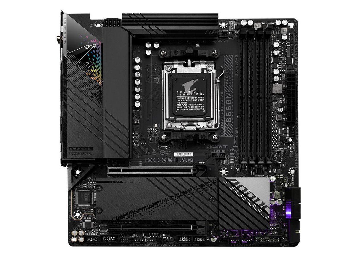 Gigabyte B650M Aorus Pro ax + Wifi : AMD AM5 mb - with 12+2+1 phase digital VRM , aluminum i/o cover with 8mm heatpipe , Addressable LED Strip Support , on-board multi-key buttons , 2x copper PCBs design , MoSFET heatsinks SmartFan6 with 6x temperature sensors + 6x hybrid fan headers , solid pin power connectors ( ATX 24+8+4pin ) , PCIe armor with stainless steel shielding+double locking bracket , with thunderbolt card connector- AMD B650 chipset , 4x dual channel DDR5-6600(O.C)/5200 upto 128Gb , 4x SATA6G + 2x M.2/NGFF ( 1x Gen5x4 + 1x Gen4x4 ) with thermal guard with raid 0/1//0+1/5/10 , on-board display with HDMi+DP dual outputs ( depends on CPU ) + Realtek ALC1220-VB 7.1 audio ( optical s/pdif out ) + realtek RTL8125 2.5Gb lan , AMD Wi-Fi 6E RZ616 2.4/5/6G tri band WiFi + bluetooth ; 1x pci-e 4.0 (x16@4x) + 1x pci-e 4.0 (x16@16x) , with 1x USB3 type-C ( Gen2 10GBPs ) + 2x USB3 type-A ( Gen2 10GBPs ) + 5x USB3 type-A ( Gen1 5GBPs ) + 4x USB2.0 , support optional serial port add-on cable , bundled norton internet security - Micro-atx