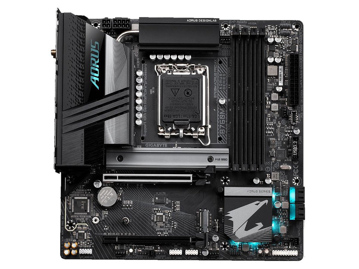 Gigabyte B760M Aorus Pro Ddr5+ Wifi : all-in-one LGA1700 alder lake mb - with 14+1+1 phase digital VRM , hybrid core optimization , pre-mounted I/O shield with thermal armor + RGB Fusion 2.0 with on-board RGB display ( multi zones ) , Addressable LED Strip Support , on-board buttons ( reset + Q-flash ) , 2x copper PCBs design , MoSFET heatsinks with DTH fins-array copper heatpipe , SmartFan6 with 6x temperature sensors + 6x hybrid fan headers , solid pin power connectors ( ATX 8+4pin ) , PCIe armor with stainless steel shielding , with 2x thunderbolt card connector- intel B760 chipset , 4x dual channel DDR5-5600(O.C)/4800 with XMP3.0 support upto 128Gb , 4x SATA6G + 2x Gen4x4 M.2/NGFF with thermal guard ( PCIe or SATA or Optane mode ) with raid 0/1/0+1/5/10 , on-board display with HDMi+DP dual outputs ( depends on CPU ) + Realtek 7.1 HD audio + optical s/pdif out + Realtek 8125 2.5Gb lan , intel Wifi-6E AX211 dual band 2.4/5/6Gbps WiFi + bluetooth ; 2x PCi-Ex16 ( Gen4@16x + 4x ) for Quad-GPU CrossfireX (no SLi) , with 1x USB3 type-C ( Gen2x2 20GBPs ) + 1x USB3 type-A ( Gen2 10GBPs ) + 3x USB3 ( Gen1 5GBPs ) + 4x USB2.0 , support optional serial port add-on cable , bundled norton internet security - micro-atx