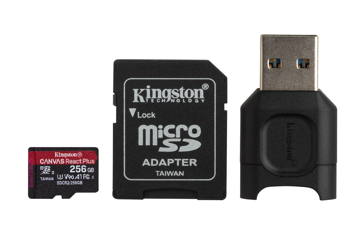 Kingston MLPMR2/256GB ( Canvas React Plus miCroSDXC + MLPM micro card Reader + SDXC Adapter ) , 15x11x1mm , UHS-ii U3 V90 A1 ( 16pin dual channel , compatiable with old UHS-i device/reader ) , not compatible with SDHC ONLY device/reader , read/write : 285/165mb/sec - lifetime warranty ( 2 years on reader ) , retail pack