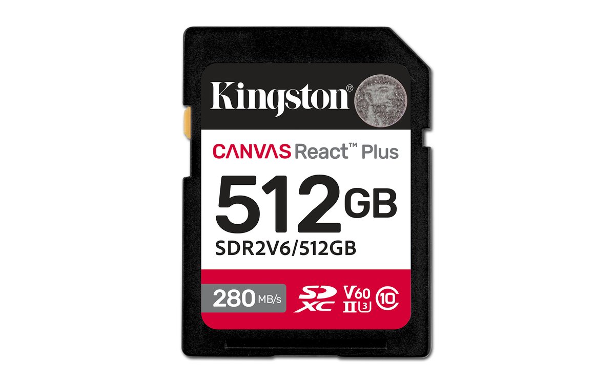 Kingston SDR2V6/512GB Canvas React Plus SDXC , 24x32x2.1mm , UHS-ii U3 V60 , not compatible with SDHC ONLY device/reader , read/write : 280/150mb/sec - lifetime warranty , retail pack
