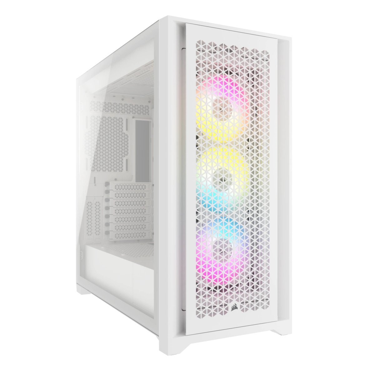 Corsair CC-9011243-WW obsidian series 5000D Airflow RGB White Tempered glass - removeable meshed front+top panels for maximized air flow - support 2x vertical VGA mounting via optional riser cable kits , RapidRoute cable management + easy-access hinged door - support 4x radiators ( 120/240/280/360mm ) , No psu ( bottom placed psu design ) , support upto 420mm graphics card ; 1x usb3.1 type-C + 2x usb 3.0 + audio in/out - 2x3.5" hidden , 4x 2.5" - Lighting Node Pro Controller + 3x AF120mm RGB Elite fans upto 12 , 4x dust filters ( front/top/psu/side ) - E-ATX