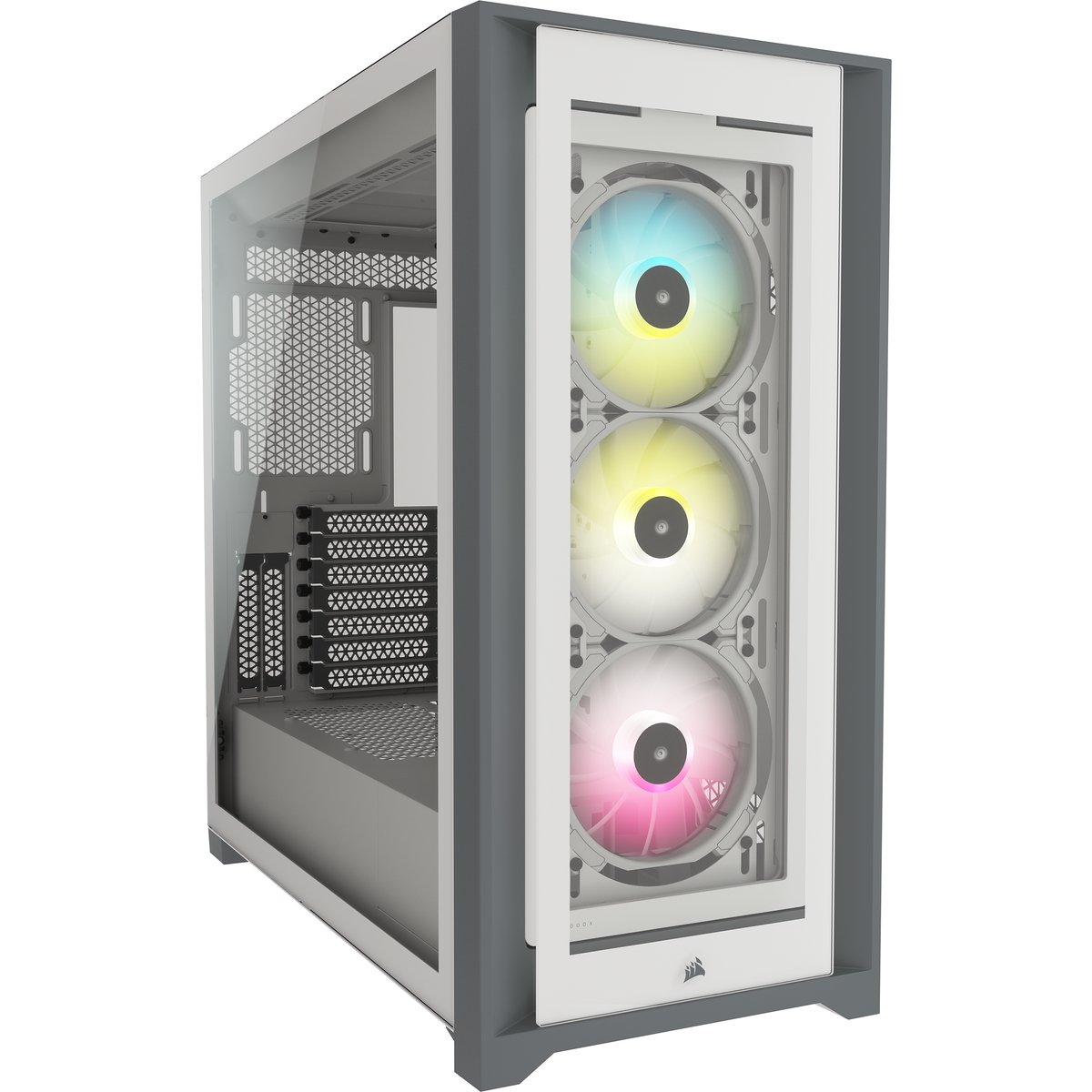 Corsair CC-9011213-WW obsidian series 5000X Rgb - White+grey , with 4x tool-free Tempered glasses - support 2x vertical VGA mounting via optional riser cable kits , RapidRoute cable management + easy-access hinged door - support 4x radiators ( 120/240/280/360mm ) , No psu ( bottom placed psu design ) , support upto 420mm graphics card ; 1x usb3.1 type-C + 2x usb 3.0 + audio in/out - 2x3.5" hidden , 4x 2.5" - Node CORE fan control hub + 3x SP120 Elite RGB fans upto 10 , 4x dust filters ( front/top/psu/side ) - E-ATX