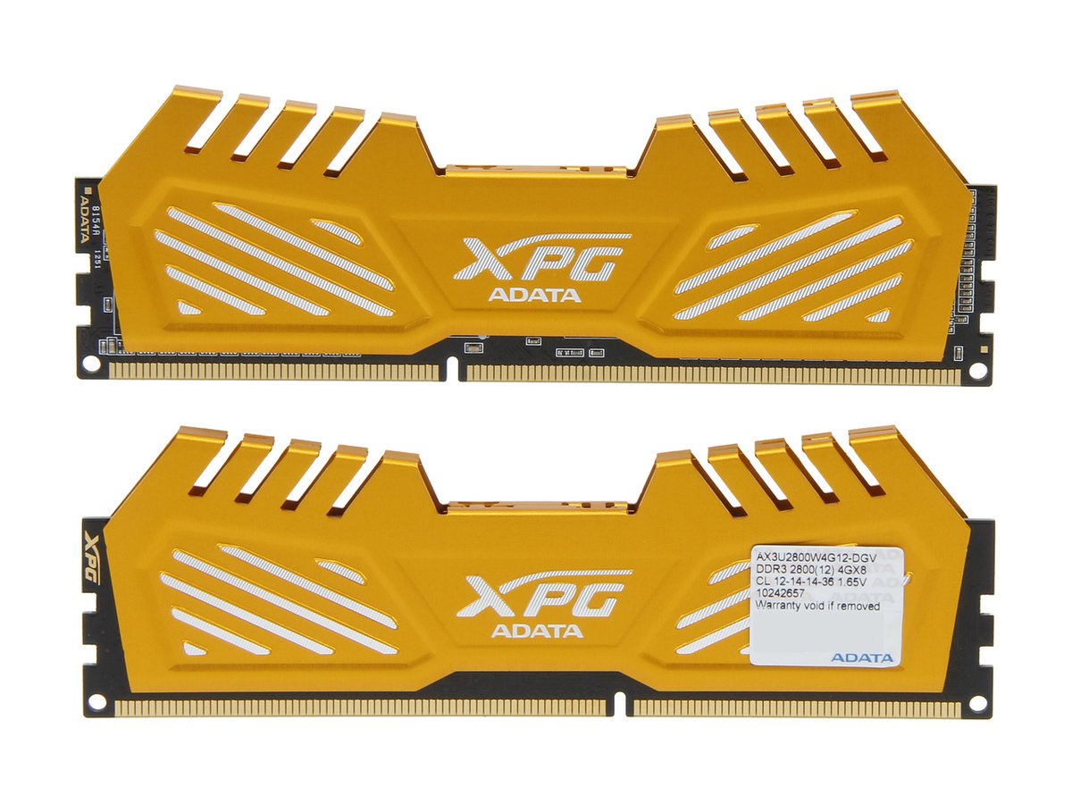Adata AX3U2800W4G12-DGV XPG v2 , Yellow (gold) , 2oz Copper 8-layer PCB with TCT (Thermal Conductive Technology ) , 4Gb x 2 kit - support Intel XMP ( eXtreme Memory Profiles ) , ddr3-2800 , CL12 , 1.65v - 240pin - lifetime warranty