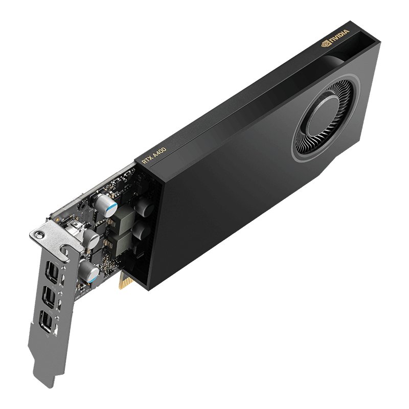 PNY Quadro A400 - 4nm TSMC GA107 - standard + Low-profile dual bracket , single slot - for professional 3D applications , with hardware OpenGL 4.6+ directX 12+ shader model 6.5+ vulcan 1.2 , Pci-E 4.0 16x , core/memory : 1762/12000mhz , 64bit 4Gb GDDR6 ( transfer rate : 96Gb/sec ) , 768 CUDA cores + 24 Tensor core + 6 RT cores , 2.25mb L1 + 2mb L2 cache , 28 GPixel/sec , 42 GTexels/Sec , 2706 GFLoPS , 72x TMUs , RoPs: 32 , 4x miniDP/DP , no power connector - 3 years warranty