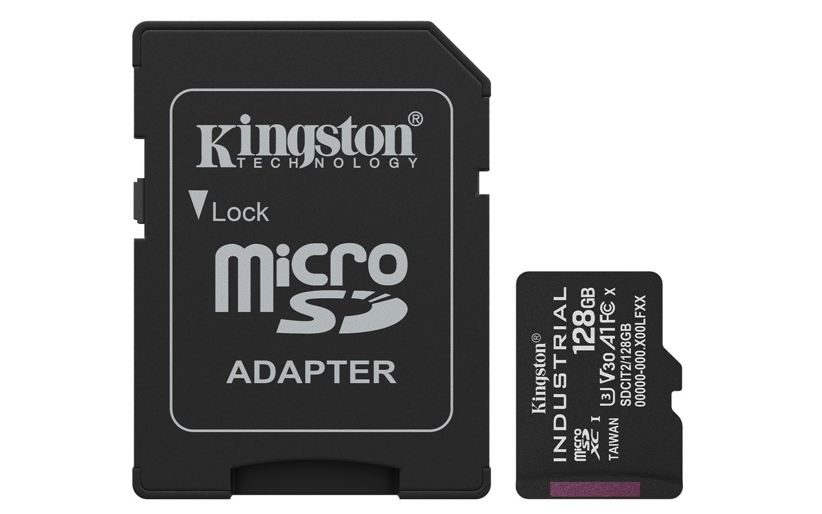 Kingston SDCiT2/128GB 128Gb miCro SDXC ( 15x11x1mm ) with SD adapter - IndusTrial grade for extreme condition ( operating temperature rating of -40C to 85C ) - UHS-i U3 ( UHS-i / SD3.0 ) , with SDMI , not compatible with SDHC ONLY device/reader , read/write : 100/80mb/sec - 3 years warranty with 3480 TBW , retail pack