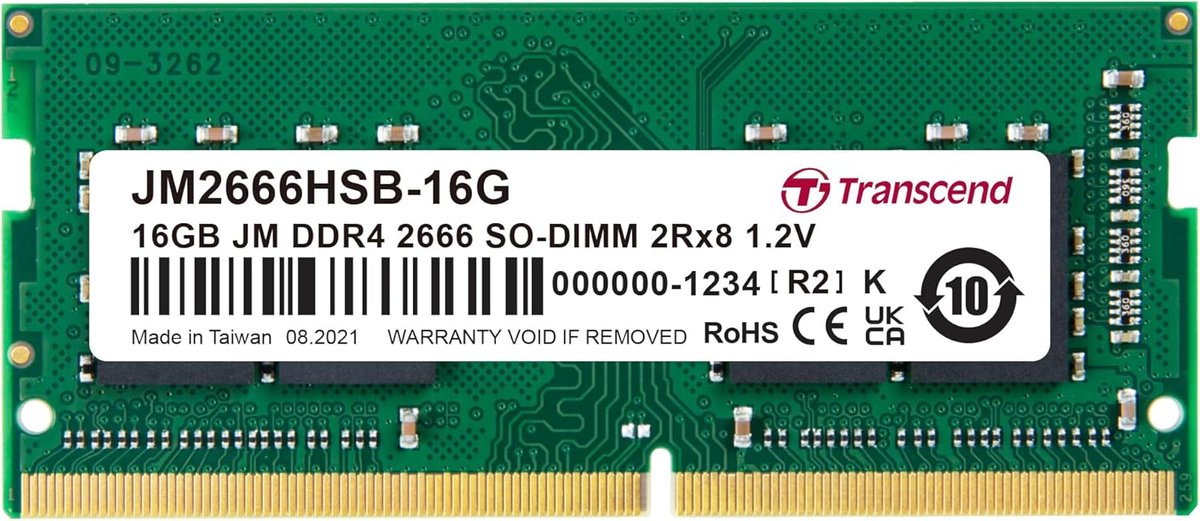 Transcend 16GB Jet Memory DDR4 2666MHz Notebook So-DIMM 2RX8 1GX8 CL19