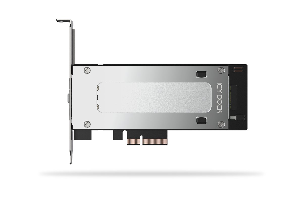 Icydock MB840M5PB: Icy Dock MB840M5PB M.2 NVMe to PCIe Gen4 adapter featuring a rugged metal enclosure and highspeed PCIe 4.0 throughput for demanding workloads.