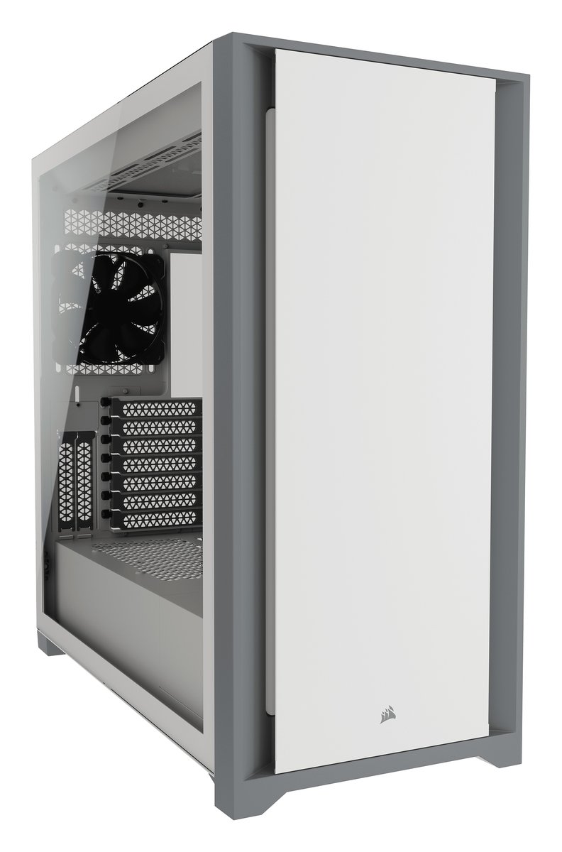 Corsair CC-9011209-WW obsidian series 5000D - White+grey Tempered glass - removeable solid steel front+top panels - support 2x vertical VGA mounting via optional riser cable kits , RapidRoute cable management + easy-access hinged door - support 4x radiators ( 120/240/280/360mm ) , No psu ( bottom placed psu design ) , support upto 420mm graphics card ; 1x usb3.1 type-C + 2x usb 3.0 + audio in/out - 2x3.5" hidden , 4x 2.5" - 2x 120mm fan upto 10 , with PWM fan repeater control upto 6x fans , 4x dust filters ( front/top/psu/side ) - E-ATX
