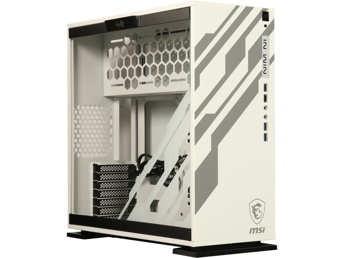 In-Win cf06 303 mid tower chassis - White + Msi dragon edition + RGB ( RGB LED on side window + fronto panel ) , with tool-less full-sized tempered glass side panel , 1.2mm SECC , no psu ( rear-top positioned ) , dual chamber design for heat separation , support upto 350mm long card with VGA holder , bottom dust filter ; 2x front usb3.0 + 2x usb2.0 + audio in/out - 2/1x 3.5" + 1/3x 2.5" - upto 7x fans , support upto 2x 360mm radiators - ATX with 7x expansion cards