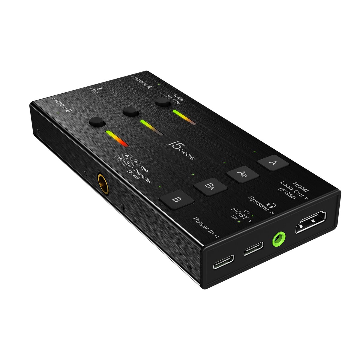 J5create JVA06 dual HDMi video capture for live streaming ( for video conference or live broadcast ) - dual 4K HDMi input @ 60FPS , 1080P video capture @ 60FPS , 3x audio modes ( mic/mix/hdmi ) , 3.5mm mic-in + 3.5mm audio out + 2xHDMi(in+out) + type-C with PD3.0 , 4-pole aux input for game consoles , support FHD video record/playback via type-C , 6 screen mode with PiP/PBP support , 4 buttons to quickly change display settings , 3 individual audio mixer on/off switches , 3 channel volume indicators , support daisy-chain for mutiple capture streaming , include 2x cold shoe adapters for camera , aluminum housing