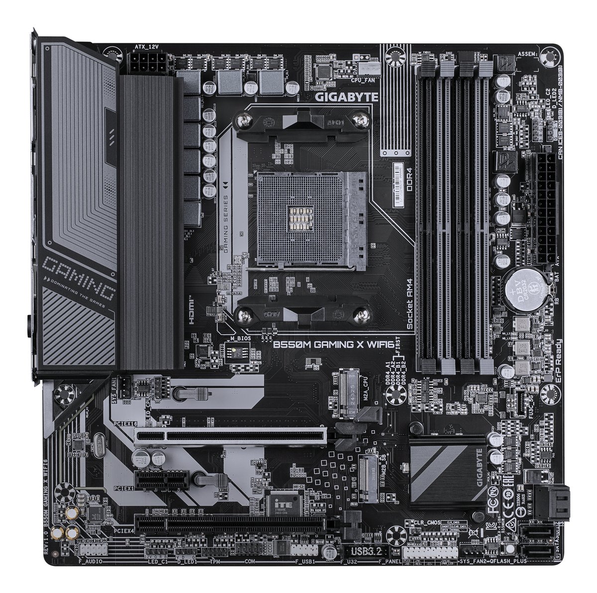 Gigabyte B550M Gaming X + Wifi : AMD AM4 mb - with 10+3 phase digital VRM , pre-mounted I/O shield with thermal armor + RGB Fusion 2.0 with on-board RGB display ( multi zones ) , Addressable LED Strip Support , on-board Q-Flash buttons , MoSFET heatsinks SmartFan5 with 6x temperature sensors + 5x hybrid fan headers , solid pin power connectors ( ATX 24+8pin )- AMD B550 chipset , 4x dual channel DDR4-4733(O.C)/3200 ( ECC + non-ECC ) with XMP support upto 128Gb , 4x SATA6G + dual ( Gen4x4 + Gen3x2 ) M.2/NGFF ( PCIe or SATA ) with raid 0/1//0+1/5/10 , on-board display with HDMi+DP dual output ( depends on CPU ) + Realtek ALC1200 7.1 audio + realtek gigabit lan , Realtek Wi-Fi 6 RTL8851BE 2.4/5/6G tri band WiFi + bluetooth ; 1x PCi-Ex1 , 2x PCi-Ex16 ( Gen4@16x + Gen3@4x) , no SLi/CrossfireX , with 4x USB3 type-A ( Gen1 5GBPs ) + 2x USB2.0 , support optional serial port add-on cable , bundled norton internet security - micro atx