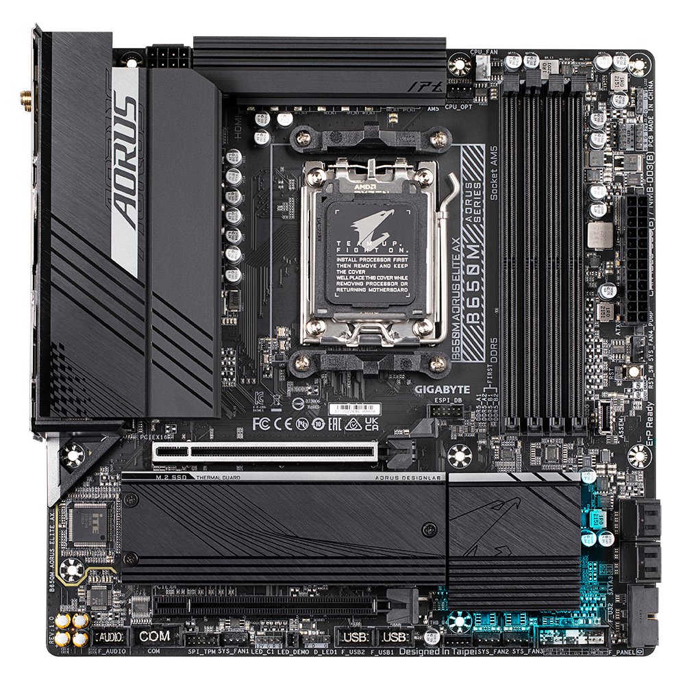 Gigabyte B650M Aorus Elite ax + Wifi : AMD AM5 mb - with 12+2+1 phase digital VRM , aluminum i/o cover with 8mm heatpipe , Addressable LED Strip Support , on-board multi-key buttons , 2x copper PCBs design , MoSFET heatsinks SmartFan6 with 6x temperature sensors + 6x hybrid fan headers , solid pin power connectors ( ATX 8 pin ) , PCIe armor with stainless steel shielding+double locking bracket , with thunderbolt card connector- AMD B650 chipset , 4x dual channel DDR5-6600(O.C)/5200 upto 128Gb , 4x SATA6G + 2x M.2/NGFF ( 1x Gen5x4 + 1x Gen4x4 ) with thermal guard with raid 0/1//0+1/5/10 , on-board display with HDMi+DP dual outputs ( depends on CPU ) + Realtek ALC1220-VB 7.1 audio ( DTSX Ultra + optical s/pdif out ) + realtek RTL8125 2.5Gb lan , AMD Wi-Fi 6E RZ616 2.4/5/6G tri band WiFi + bluetooth ; 1x PCi-E4.0(x16@4x) + 1x pci-e 4.0 (x16@16x) , with 1x USB3 type-C ( Gen2 10GBPs ) + 2x USB3 type-A ( Gen2 10GBPs ) + 5x USB3 type-A ( Gen1 5GBPs ) + 4x USB2.0 , support optional serial port add-on cable , bundled norton internet security - Micro-atx