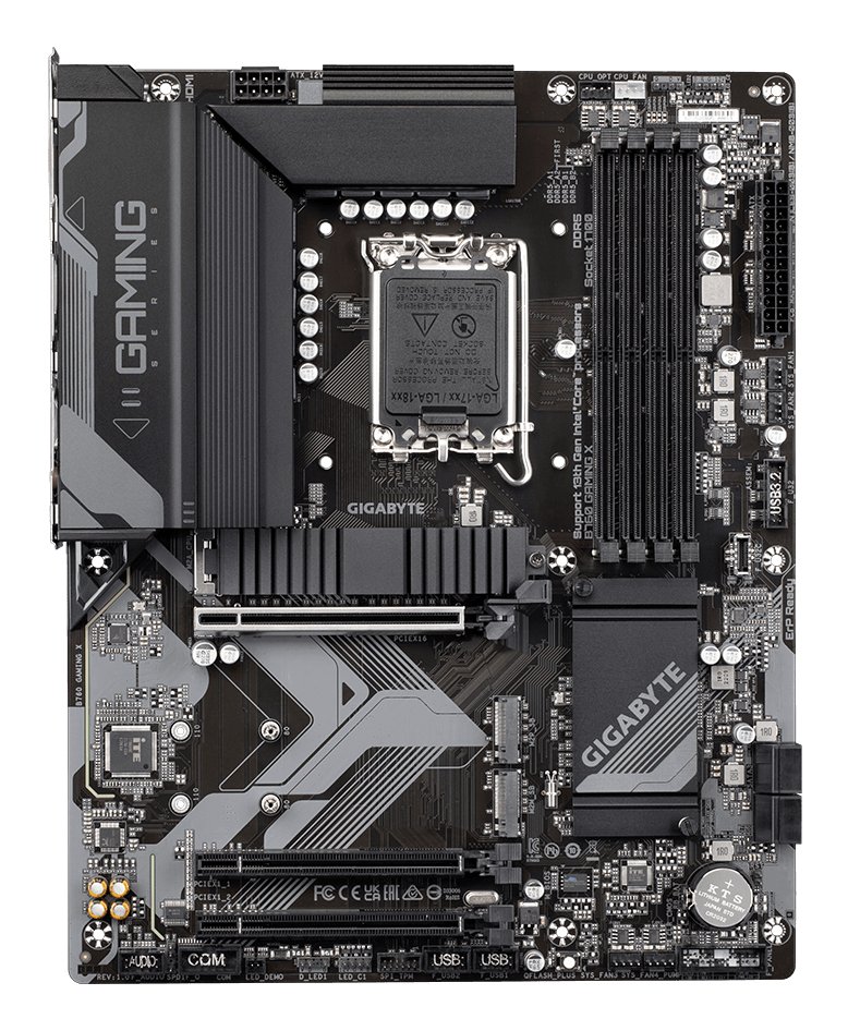 Gigabyte B760 Gaming X Ddr5 : all-in-one LGA1700 alder lake mb - with 8+1+1 phase digital VRM , hybrid core optimization , pre-mounted I/O shield with thermal armor + RGB Fusion 2.0 with on-board RGB display ( multi zones ) , Addressable LED Strip Support , on-board buttons ( reset + Q-flash ) , 2x copper PCBs design , MoSFET heatsinks with DTH fins-array copper heatpipe , SmartFan6 with 6x temperature sensors + 6x hybrid fan headers , solid pin power connectors ( ATX 8pin ) , PCIe armor with stainless steel shielding- intel B760 chipset , 4x dual channel DDR5-7600(O.C)/4800 with XMP3.0 support upto 128Gb , 4x SATA6G + 3x M.2/NGFF ( Gen4x4 ) with thermal guard 3 ( PCIe or SATA or Optane mode ) with raid 0/1/0+1/5/10 , on-board display with HDMi+DP dual outputs ( depends on CPU ) + Realtek 7.1 HD audio + optical s/pdif out + Realtek 8125 2.5Gb lan ; 3x PCi-Ex16 ( Gen4@16x + 1x + 1x ) , with 1x USB3 type-A ( Gen2 10GBPs ) + 2x USB3 ( Gen1 5GBPs ) + 5x USB2.0 , support optional serial port add-on cable , bundled norton internet security - atx