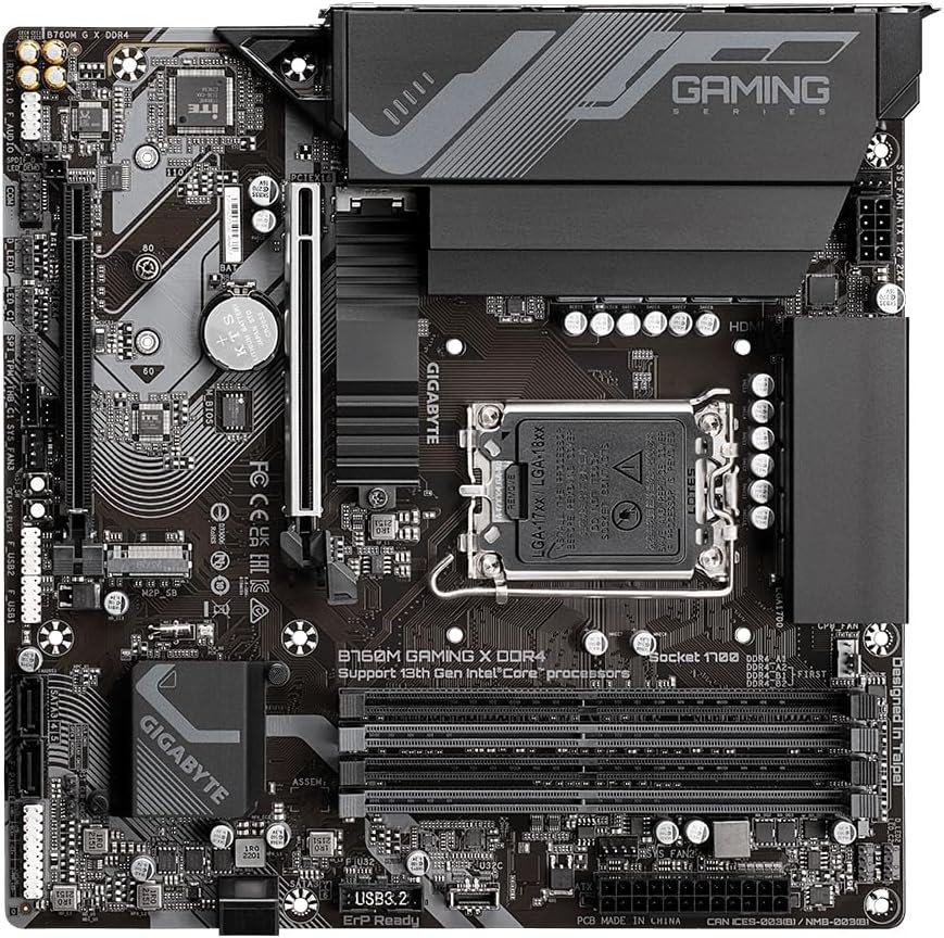 Gigabyte B760M Gaming X Ddr4 : all-in-one LGA1700 alder lake mb - with 8+1+1 phase digital VRM , hybrid core optimization , pre-mounted I/O shield with thermal armor + RGB Fusion 2.0 with on-board RGB display ( multi zones ) , Addressable LED Strip Support , on-board buttons ( reset + Q-flash ) , 2x copper PCBs design , MoSFET heatsinks with DTH fins-array copper heatpipe , SmartFan6 with 6x temperature sensors + 4x hybrid fan headers , solid pin power connectors ( ATX 8pin ) , PCIe armor with stainless steel shielding , with 2x thunderbolt card connectors- intel B760 chipset , 4x dual channel DDR4-5333(O.C)/3200 with XMP3.0 support upto 128Gb , 4x SATA6G + 2x M.2/NGFF (Gen4x4) with thermal guard ( PCIe or SATA or Optane mode ) with raid 0/1/0+1/5/10 , on-board display with HDMi+DP dual outputs ( depends on CPU ) + Realtek 7.1 HD audio + optical s/pdif out + Realtek 8125 2.5Gb lan ; 2x PCi-Ex16 ( Gen4@16x+4x ) for Quad-GPU CrossfireX (no SLi) , with 3x USB3 ( Gen1 5GBPs ) + 5x USB2.0 , support optional serial port add-on cable , bundled norton internet security - micro-atx