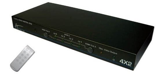 Aavara PM4X2 - 4 signal to 2 display 1080p HDMi matrix switch/spliter ( for audio + video ) with remote control , support HDCP, HDMI ver1.3B , 7.1 HD Dolby + DTS-HD master audio , bandwideth : 340Mhz/10.2Gbps , 36bit color - for PS3 , PC , HD/Blu-ray dvd player .. ETC - support daisy chain - transmit same or 4 different sources to 2 display