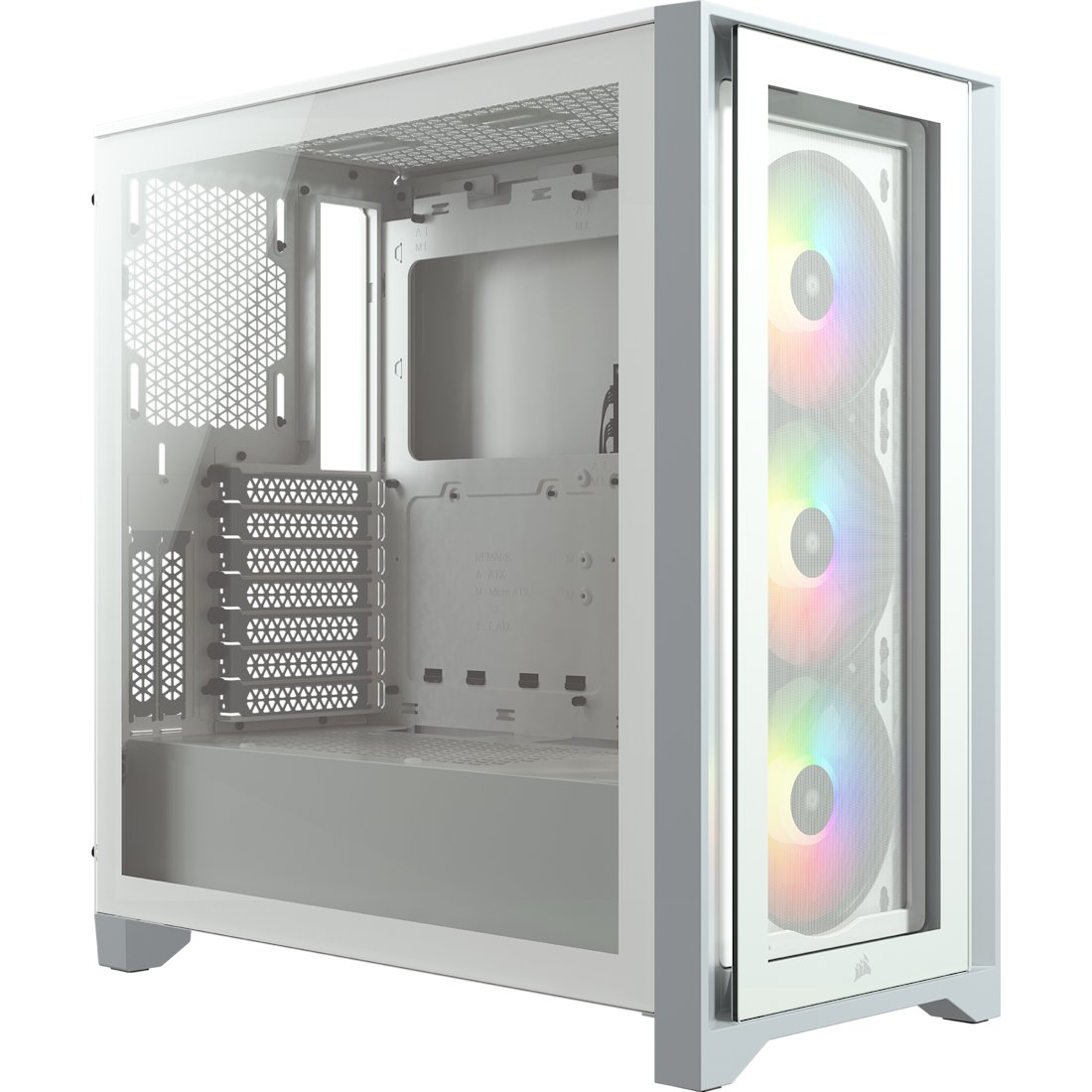 Corsair CC-9011205-WW carbide series 4000X RGB - White+grey + with front+side dual Tempered glass side panel - with RapidRoute cable management , support 2x vertical GPU mounting ( via optional cc-8900419 riser cable ) , front+bottom+top dust filters , all steel exterior , dedicated chamber for psu + hdd bay , no psu ( bottom placed psu design ) , support upto 360mm graphics card , 3x radiators upto 360mm ; 1x usb3 type-C + 1x usb 3.0 + audio in/out - 2x 3.5" hidden + 2x 2.5" hidden - Node CORE controls + 3x SP120 RGB fans ( 8x Leds per fan ) upto 6 - ATX