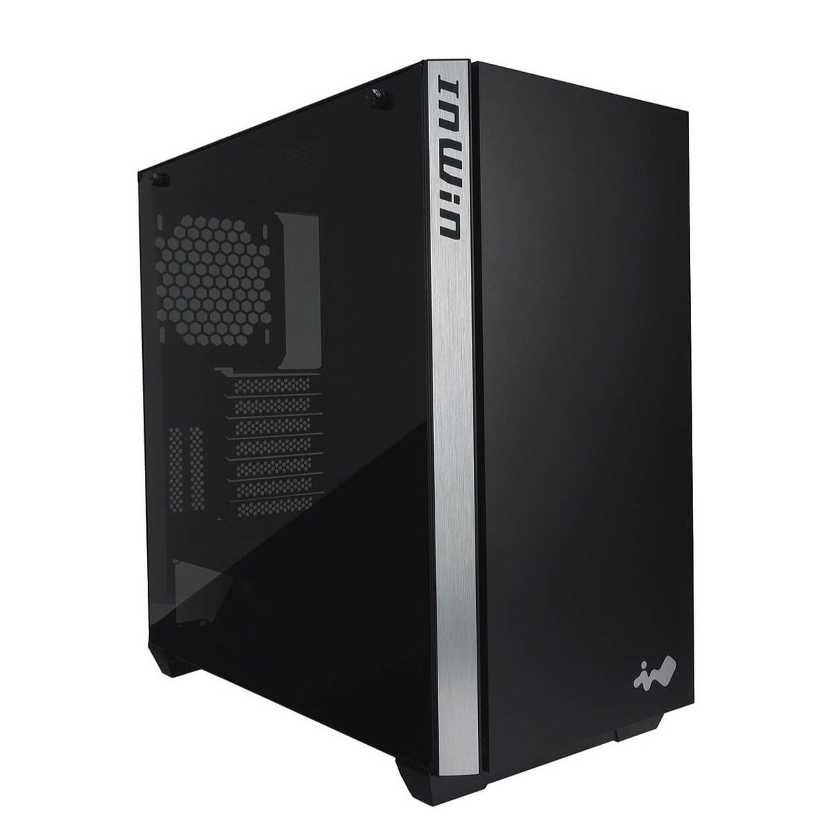 In-Win 216 mid tower chassis - blacK+silver highlight , support 2x vertical graphics cards mount via optional riser kit , tool-less full-sized 3mm tempered glass side panel , no psu ( rear-bottom positioned chamber ) , support upto 380mm long card , 2x usb3.0 + audio in/out - 2x 3.5" + 3x 2.5" - 3x ARGB fan upto 6 fans with dust filter , support upto 360mm radiator - E-ATX with 7+ 2x vertical expansion cards